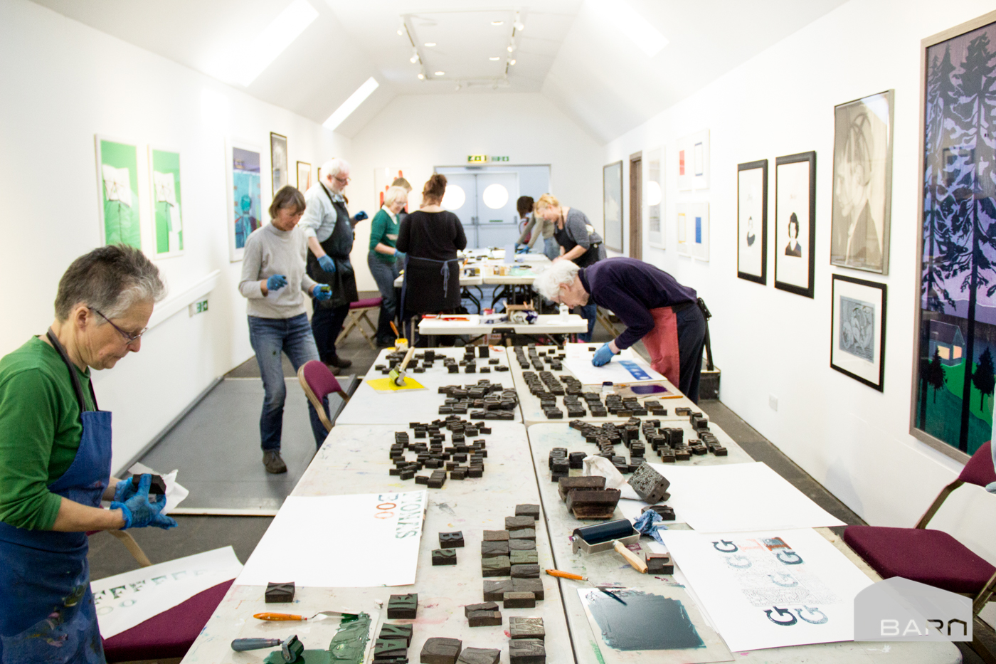 Relief printing workshop in the gallery